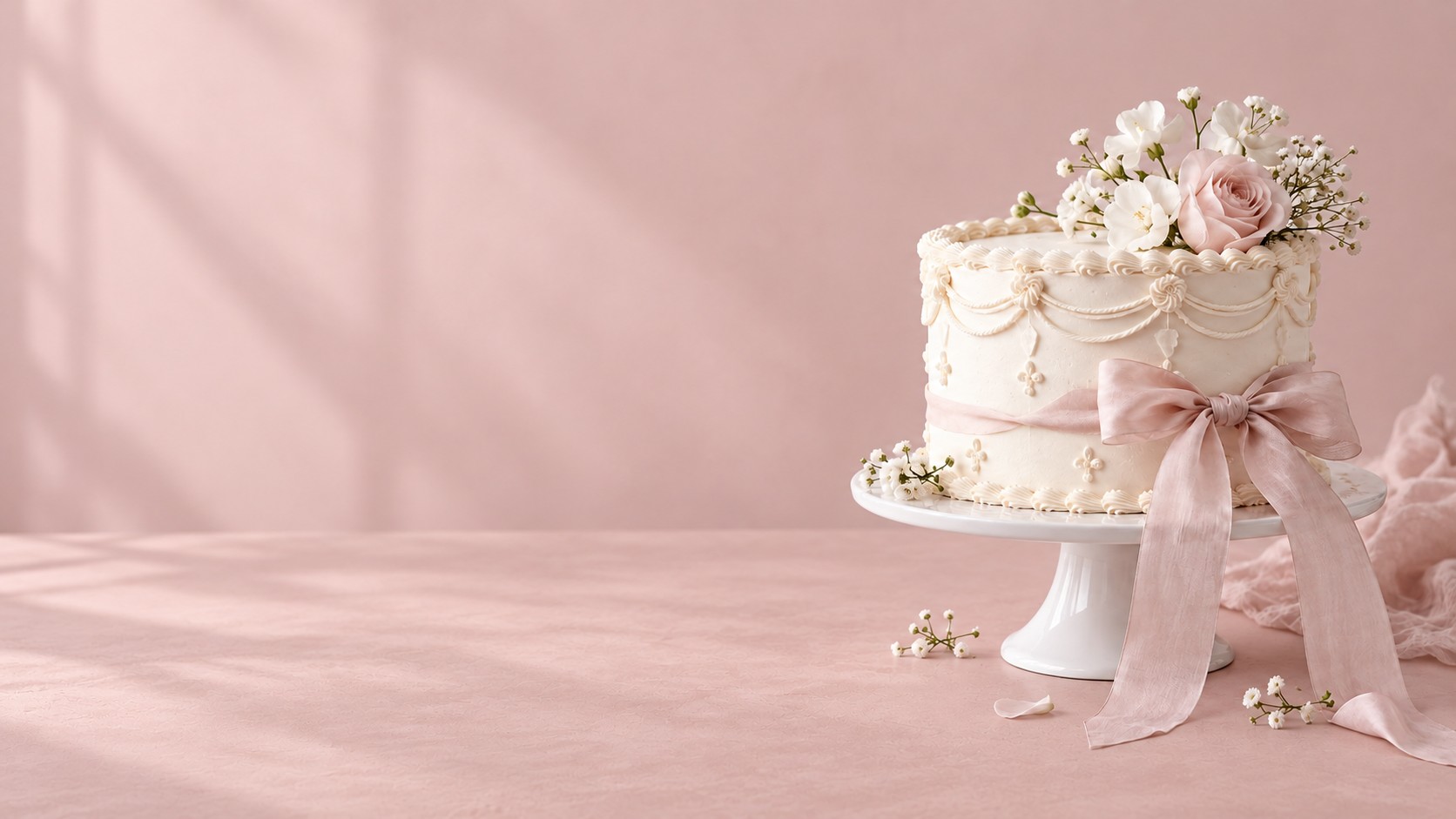 Ivory buttercream celebration cake on a dusty-rose backdrop